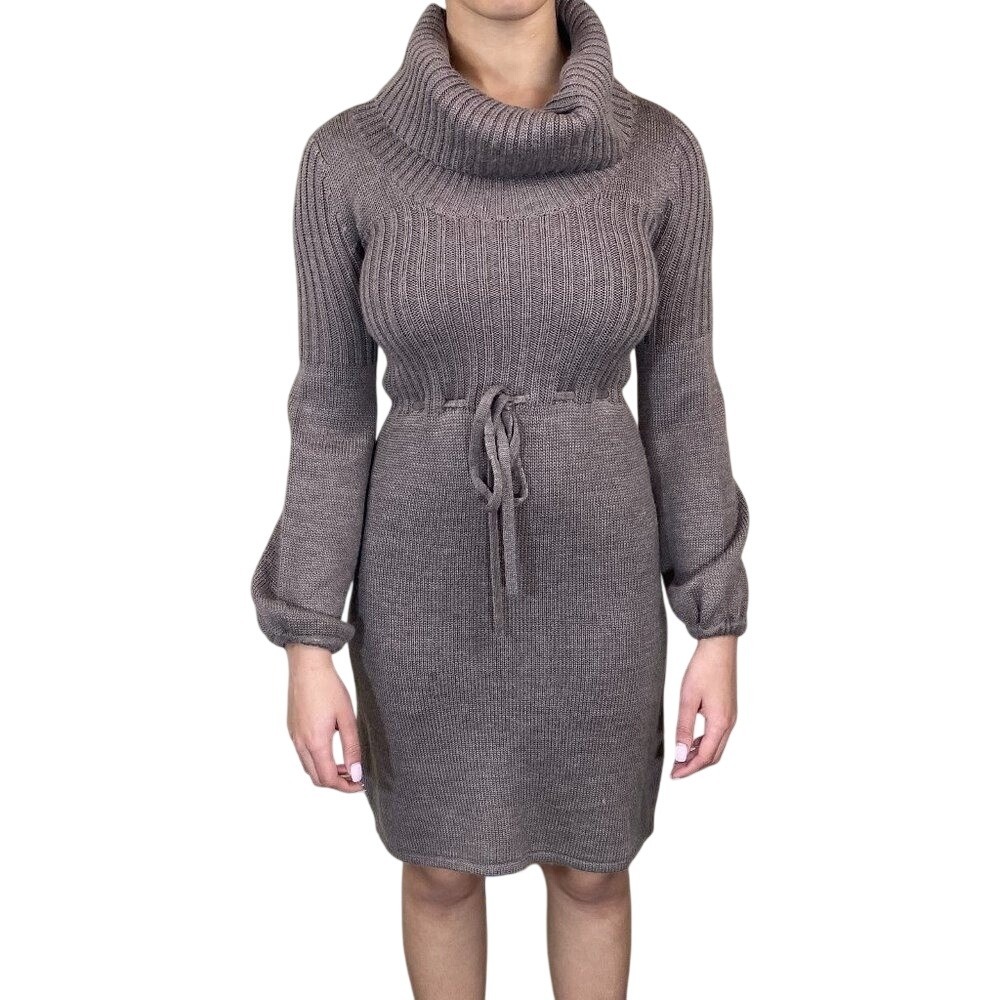 Calvin Klein‎ Cowl Neck Tie Waist Ribbed Knit Sweater Dress Mauve Taupe Medium